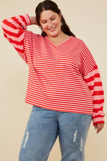 HY8714W Pink Plus Mixed Stripe V Neck Knit Long Sleeve Top Pose